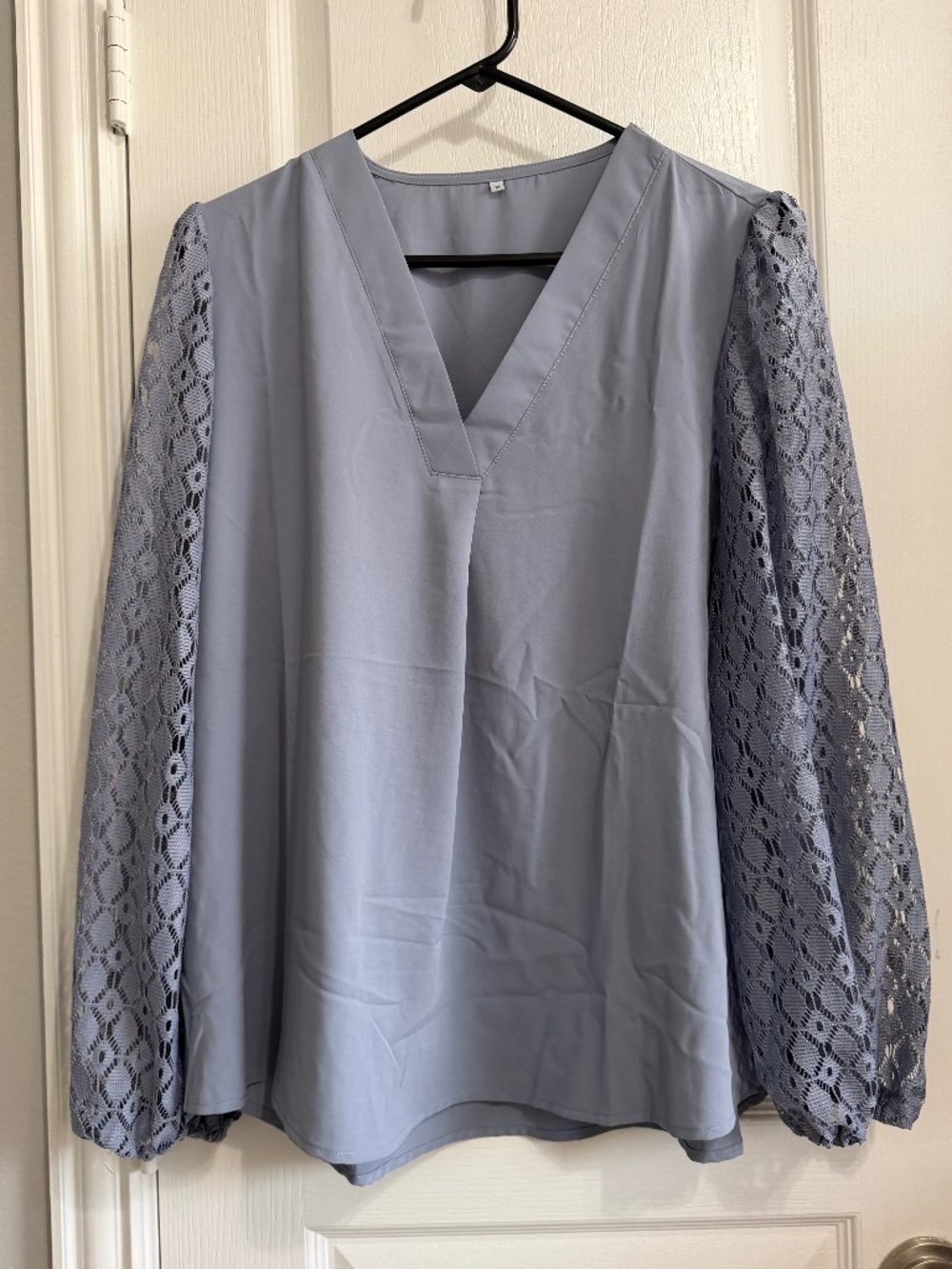 Dusty Blue V-Neck Lace-Sleeve Blouse M